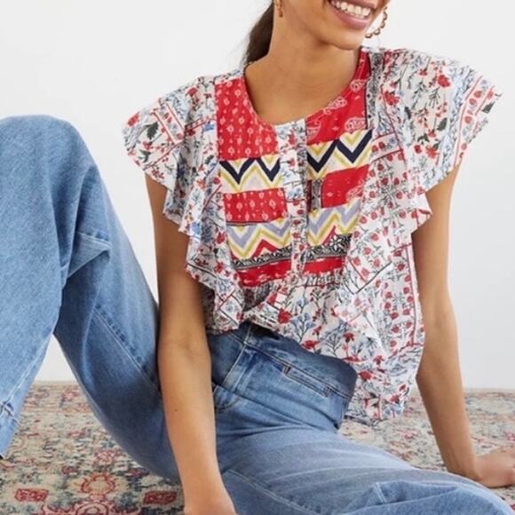 Anthropologie Let Me Be Floral Boho Printed Flutter Sleeve Top Size 6 Casual - Picture 1 of 12
